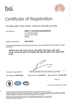  Eurowindow tiếp tục đạt tiêu chuẩn quản lý môi trường ISO 14001: 2004 của BSI